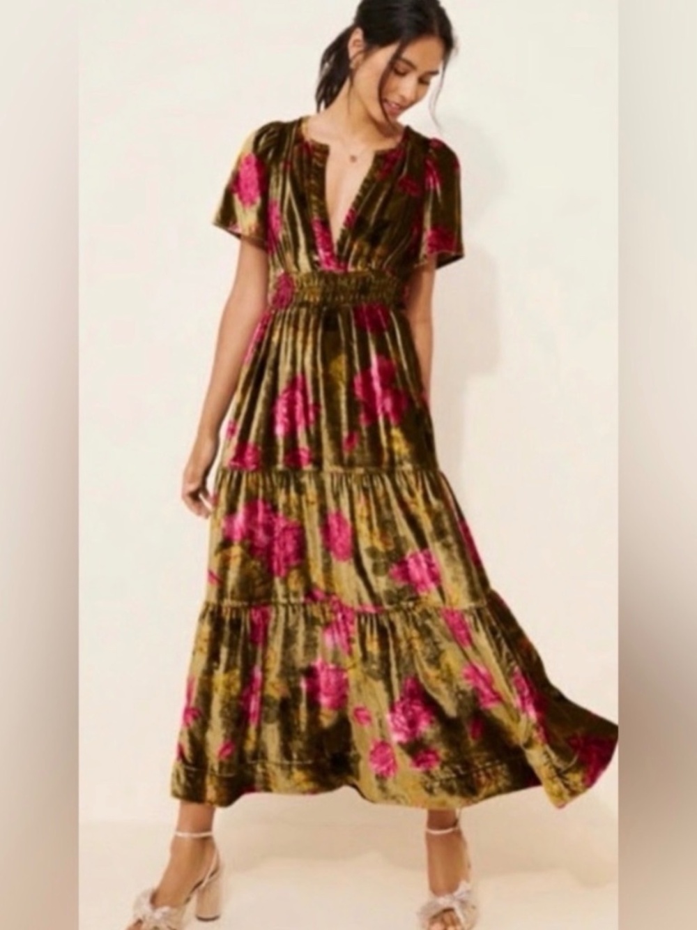 Small Anthropologie Somerset Green Velvet Long Dress
